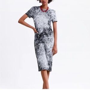 Midi Zara White And Black Abstract Ribbed Knit Dress Sz L Fall Neutral